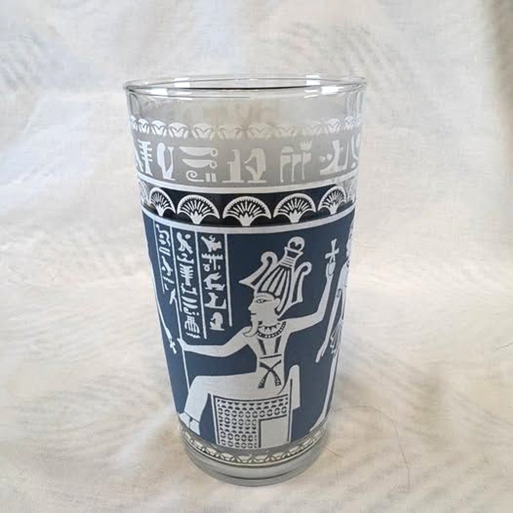 MCM Hazel Atlas Egyptian Revival Blue & White Frosted Highball Glasses -Set of 4